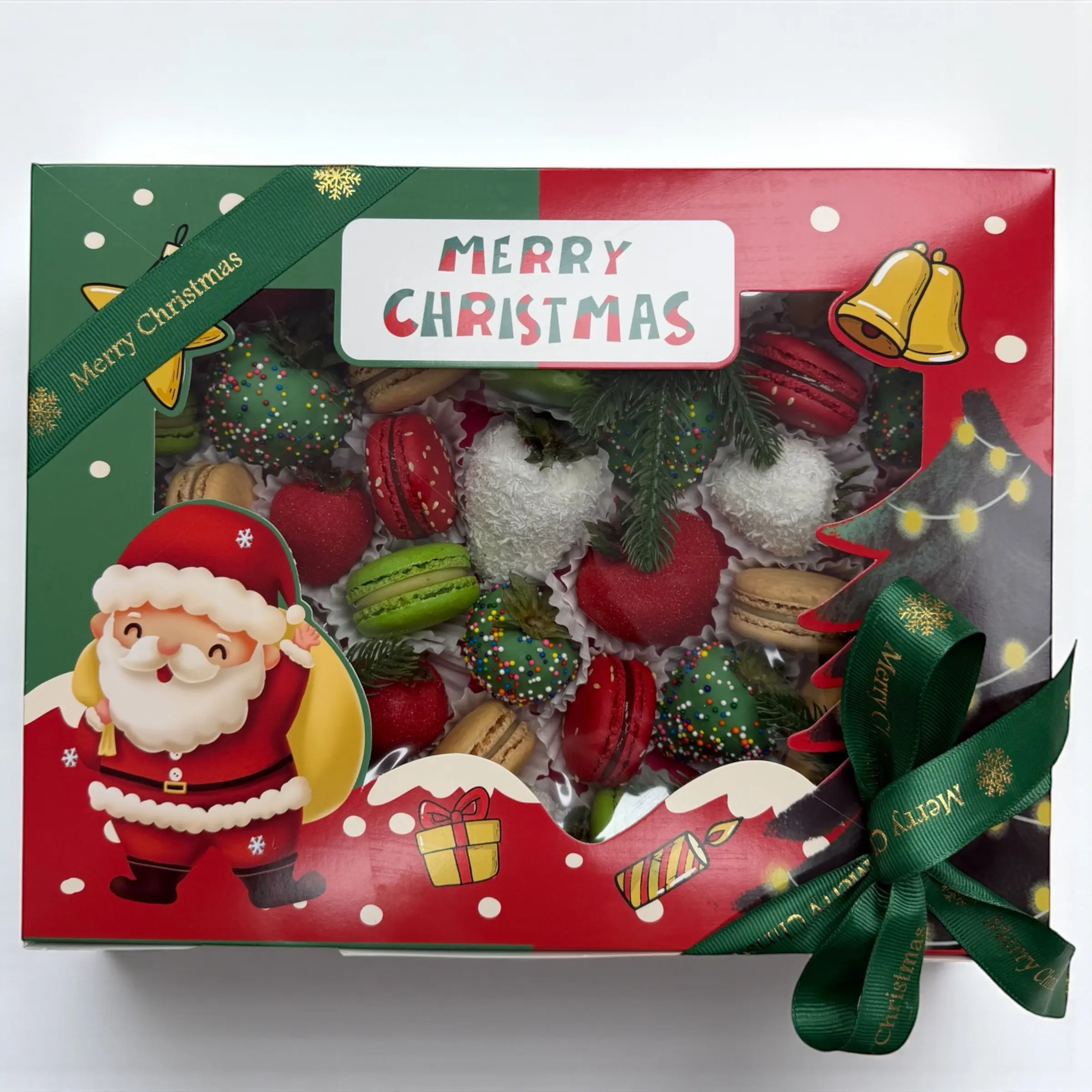Open Christmas macaron and chocolate strawberry gift box with colorful macarons and strawberries Christmas macaron and chocolate strawberry gift box open on decorated holiday table