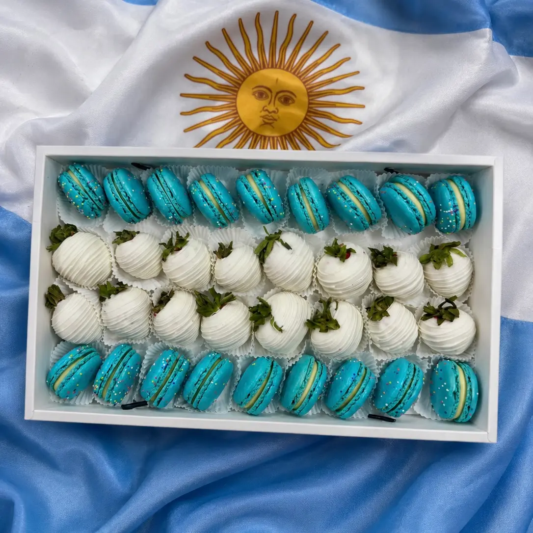 Argentinian flag inspired dessert gift box with gourmet chocolate strawberries and French macarons World Cup Argentina sweets box featuring chocolate dipped strawberries and macarons arranged in team colors