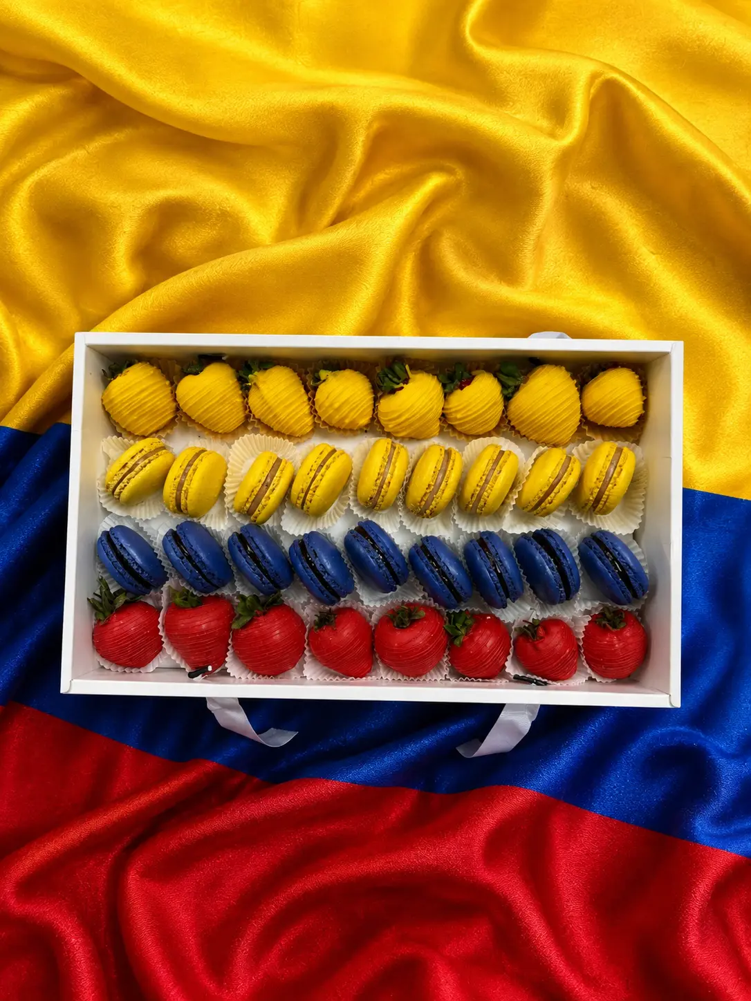 Colombia World Cup gift box with chocolate covered strawberries and macarons in red and white flag colors Colombia soccer fan gift box with premium chocolate covered strawberries and red and white macarons