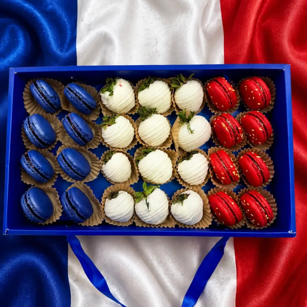 France World Cup gift box with chocolate covered strawberries and macarons in red and white flag colors World Cup France sweets box featuring chocolate dipped strawberries and macarons arranged in team colors