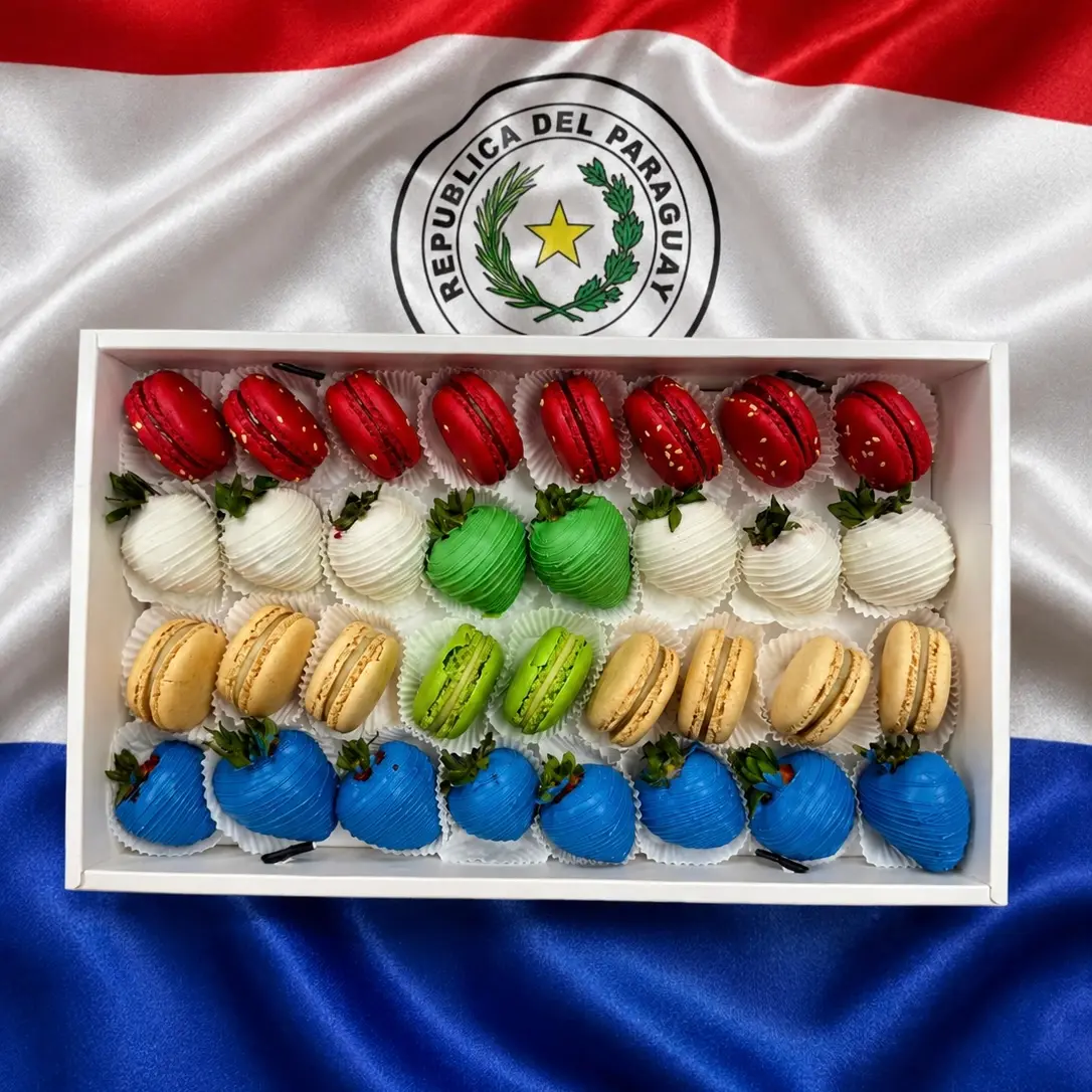 Paraguay World Cup gift box with chocolate covered strawberries and macarons in red and white flag colors Paraguay soccer fan gift box with premium chocolate covered strawberries and red and white macarons