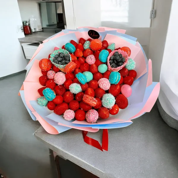 Unique chocolate strawberry bouquet with macarons and fresh berries