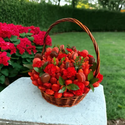 Elegant fruit and macarons basket with juicy strawberries, luxurious macarons, and beautiful carnations