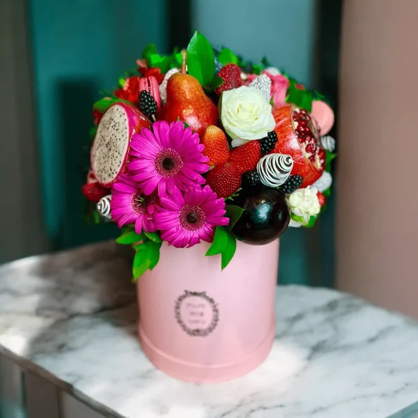 Unique gift box with seasonal fruits and chocolate-covered strawberries