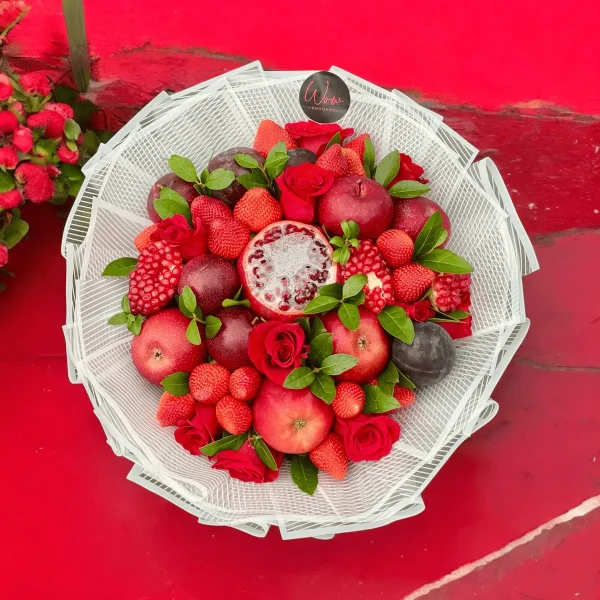 Beautiful fruit apple bouquet featuring Red Delicious apples and pomegranate