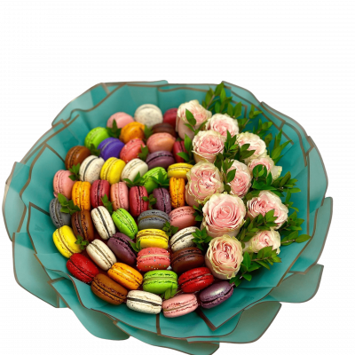 Luxurious bouquet featuring a variety of macarons and elegant roses, ideal for gifting in NYC, NJ, and CT.