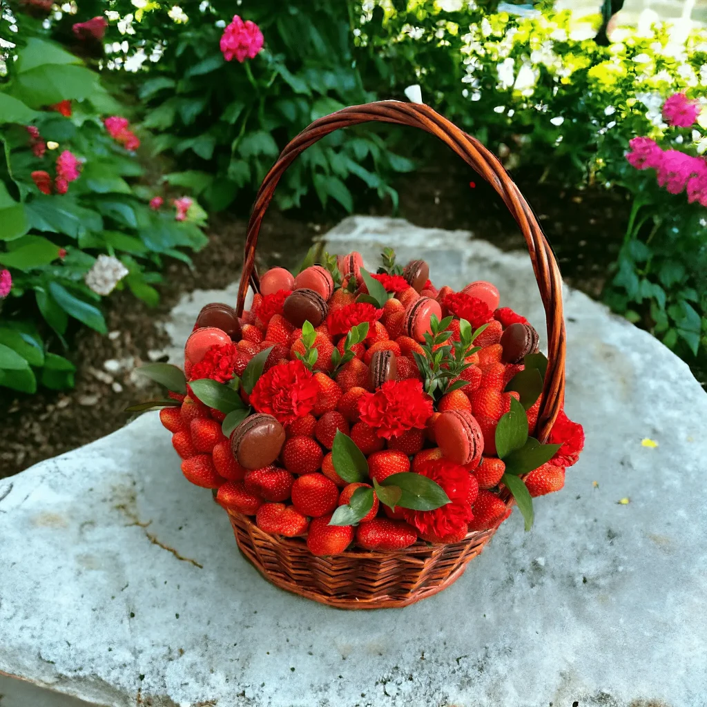 Stylish gift basket including fresh strawberries, colorful macarons, and vibrant carnations