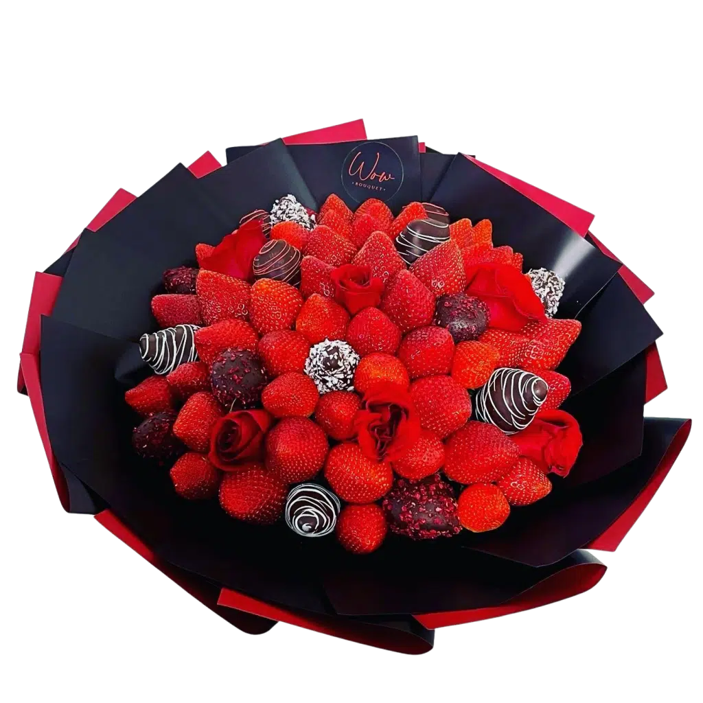 Introducing “Rose Strawberries” – a Fruit Arrangement with Strawberries & Roses, an exquisite blend of floral elegance and sweet indulgence. This unique fruit arrangement is crafted with care, making it a perfect choice for delivery in NYC.