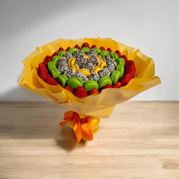 Beautifully crafted The Circles fruit arrangement with macarons and fruit