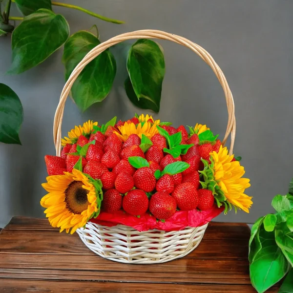 Colorful arrangement of strawberries and sunflowers in a gift basket, perfect for a thoughtful and uplifting gift