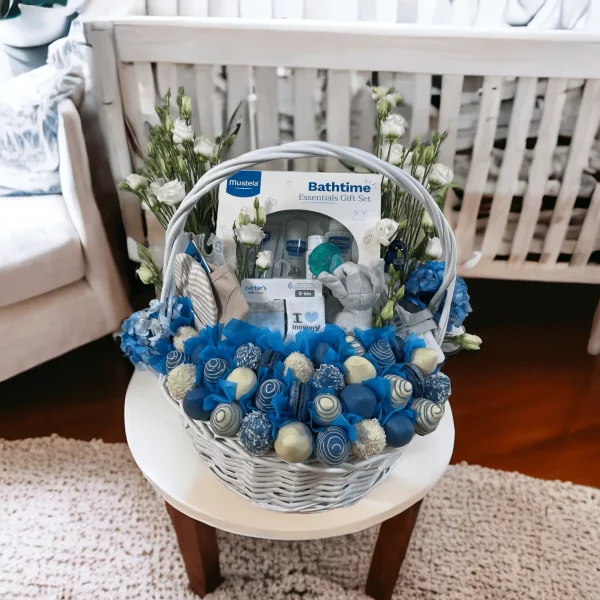 Image showcasing a beautifully packed gift basket for new mothers, featuring baby care products, cozy booties, and decorative flowers.