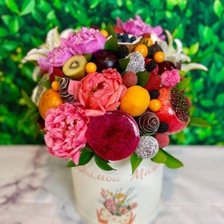 Mother's Day box with peonies, dragonfruit, kiwi and strawberries