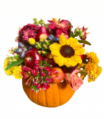 Pumpkin arrangement with fresh fruits and flowers
