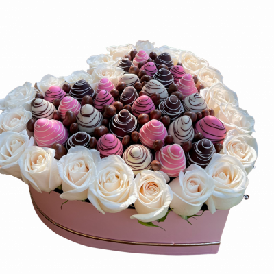 Heart Box with fresh roses and chocolate covered strawberries