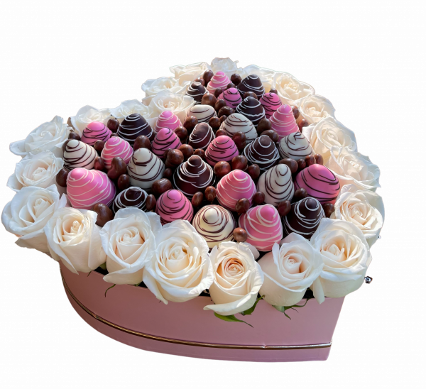 Heart Box with fresh roses and chocolate covered strawberries