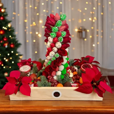 Make a lasting impression with our Christmas Fruit Gift Box, complete with an 18-inch strawberry tower and a box packed with fresh fruits and sweet chocolates.