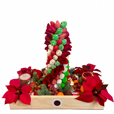 Christmas Gift box with fresh fruits and strawberry tower
