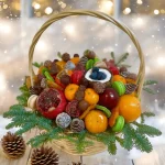 Enjoy a festive blend of fresh fruits, dry fruits, chocolate-covered strawberries, and macarons in our Christmas Holiday Gift Basket.