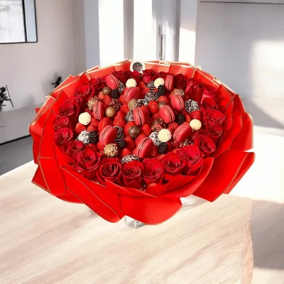 Beautiful Roses & Berries bouquet with a mix of roses and fresh strawberries