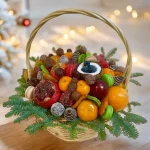 This beautifully arranged Christmas Holiday Gift Basket includes fresh fruits, dry fruits, chocolate-covered strawberries, and chocolate-covered pines for a festive touch.