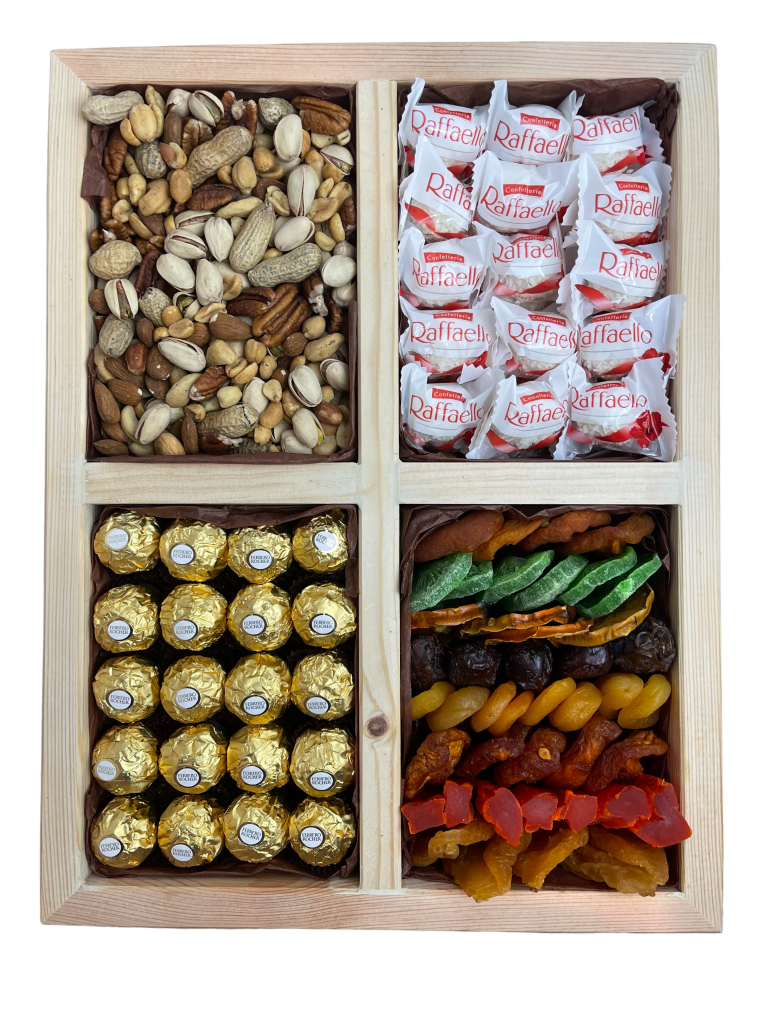 Gift box available for shipping with chocolates, nuts and dried fruits