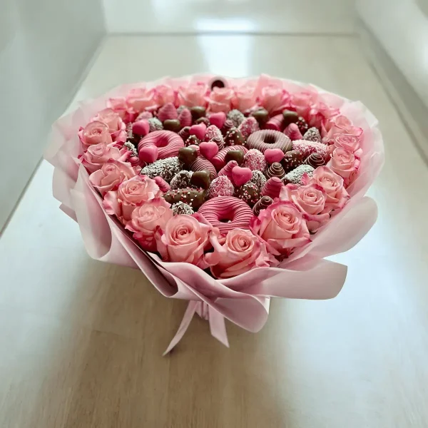 Beautiful Chocolate Heart Bouquet with roses and chocolate-covered delights