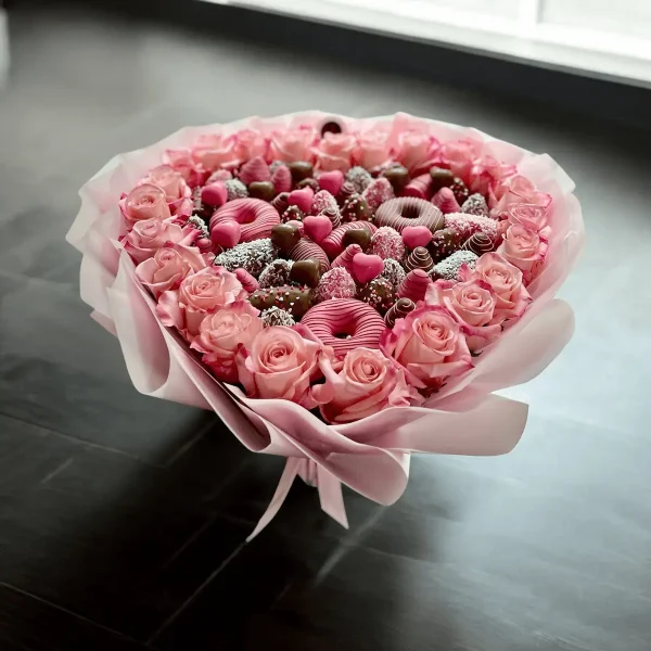 Chocolate Heart Bouquet perfect for any occasion with roses and chocolate fruits