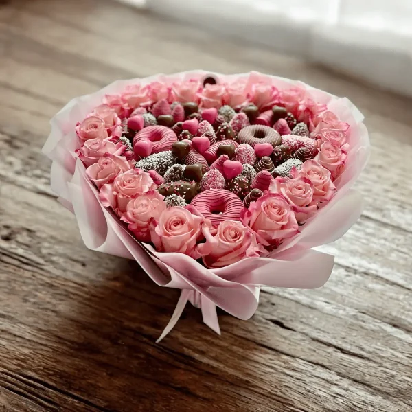 Exquisite Chocolate Heart Bouquet with chocolate-covered bananas and roses