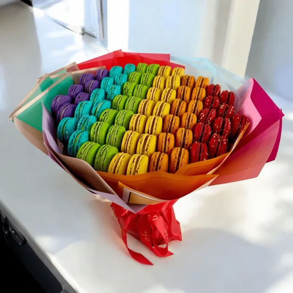 Macaron Bouquet with over 60 macarons, including exotic and classic flavors