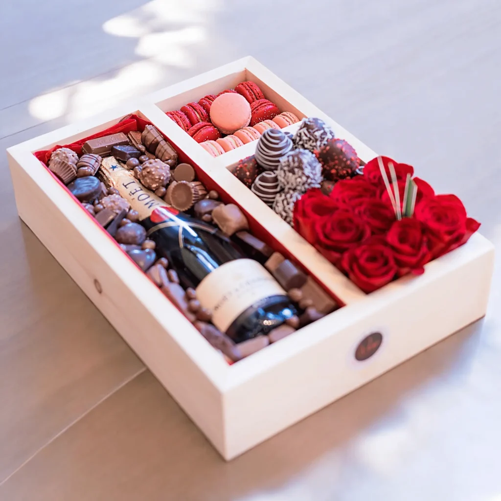 Top-selling gift box with gourmet treats and a selection of fresh flowers