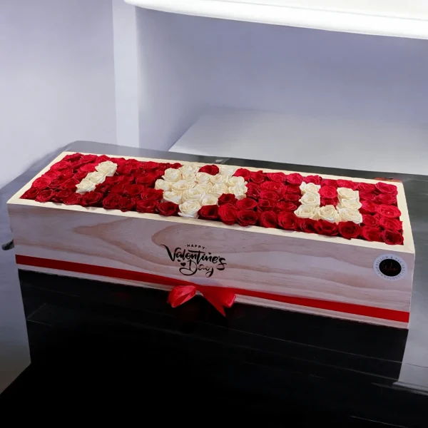 Stunning Roses Box featuring a heart and message with red and white roses