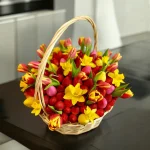 Elegant Spring Basket with a mix of tulips, fresh strawberries, and chocolate-dipped strawberries