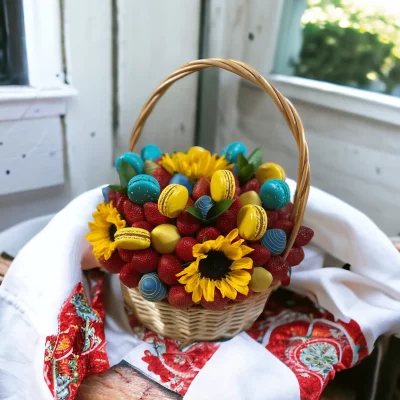 Picture of a festive Ukrainian gift basket, wrapped in the nation’s colors, and brimming with strawberries, French macarons, and cheerful sunflowers.