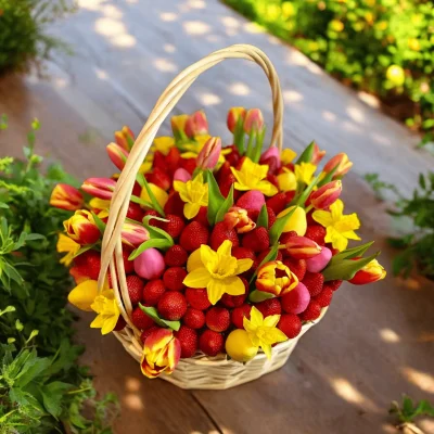 Colorful Spring Gift Basket including tulips, fresh strawberries, and chocolate-covered strawberries
