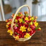 Spring floral and fruit basket with stunning tulips, fresh strawberries, and chocolate-covered strawberries