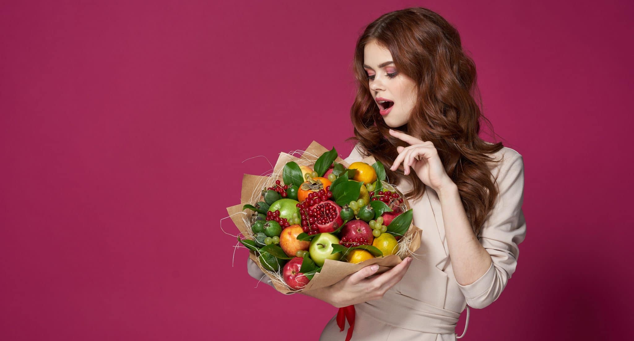 cheerful woman smile posing fresh fruits bouquet emotions isolated background. High quality photo