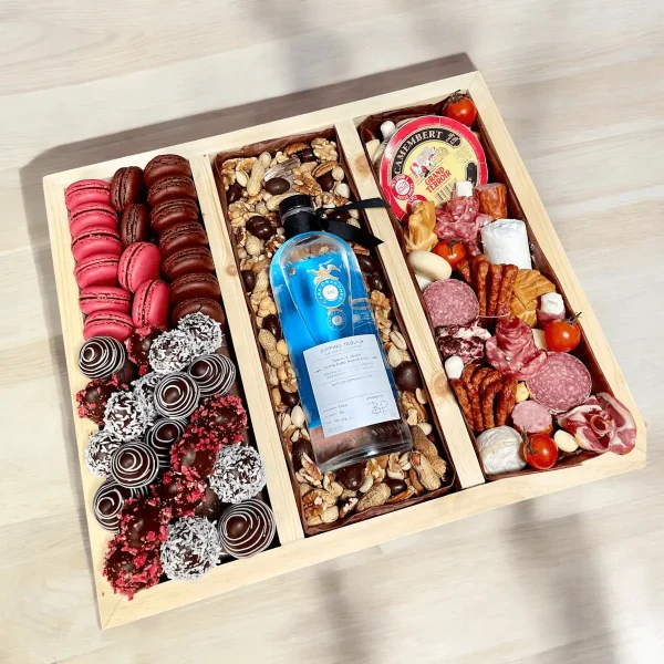 Anniversary Gift Box filled with meats, cheeses, and chocolate-covered strawberries