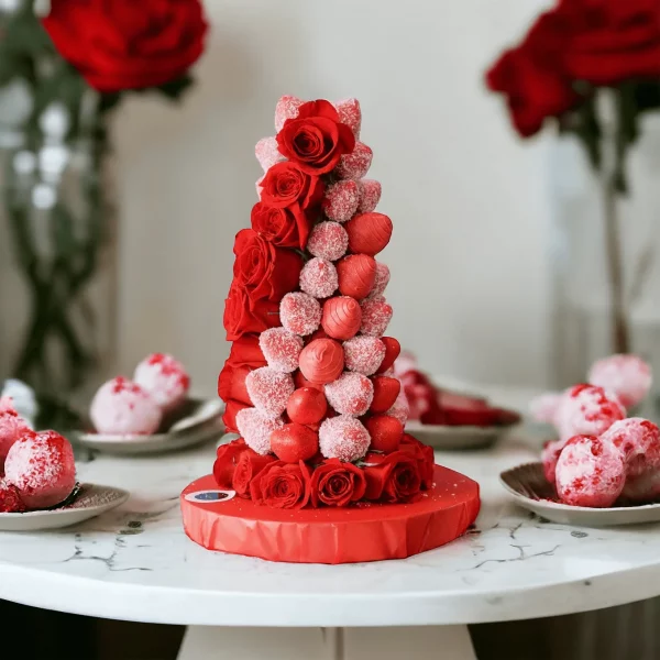 An artfully crafted centerpiece displaying strawberries dipped in Belgian white chocolate, each layer carefully arranged with elegance.