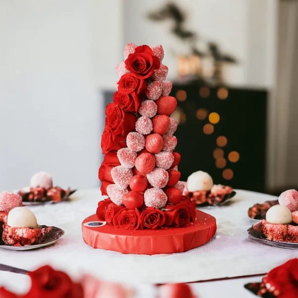 Overhead shot of a White Chocolate Covered Strawberry Tower, intricately assembled and surrounded by fresh roses, highlighting its sophisticated appeal.