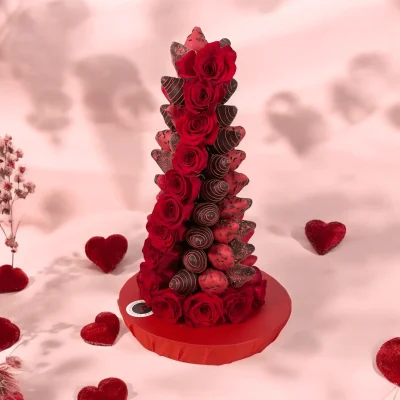 Elegant Chocolate Dipped Strawberry Tower serving as a beautiful centerpiece