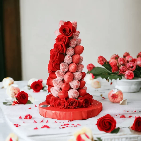 A beautifully presented centerpiece featuring a tower of premium white chocolate covered strawberries, paired with fresh roses to create an inviting display.