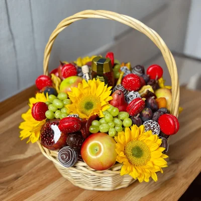 Rosh Hashanah fruit basket filled with a colorful assortment of apples, pomegranates, and pears to symbolize blessings and abundance