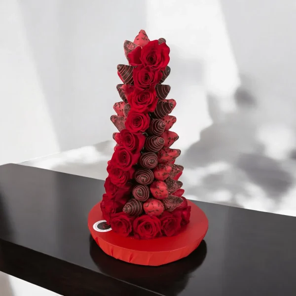 Chocolate Dipped Strawberry Tower with premium chocolate and roses for weddings