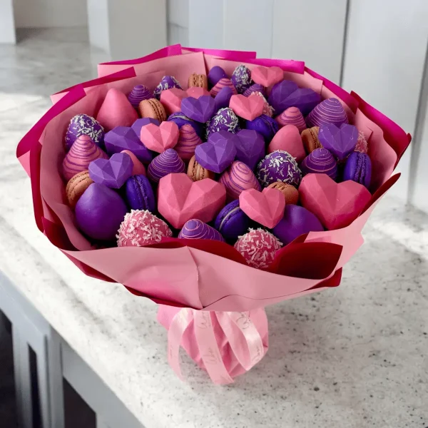 Purple Sweets bouquet featuring elegant macarons and custom heart-shaped chocolates