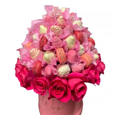 Pink Charm, a beautiful fruit bouquet masterpiece in NYC that combines chocolate-covered strawberries with the timeless beauty of flowers