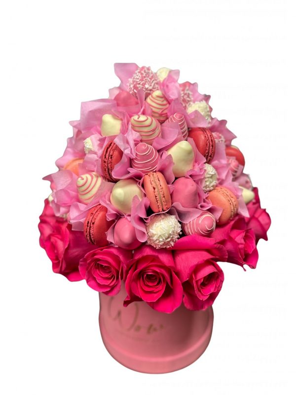 Pink Charm, a beautiful fruit bouquet masterpiece in NYC that combines chocolate-covered strawberries with the timeless beauty of flowers
