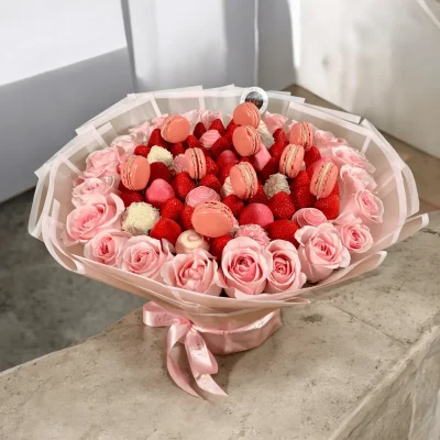 Romantic Pink Romance & Macarons bouquet with chocolate strawberries and pink roses