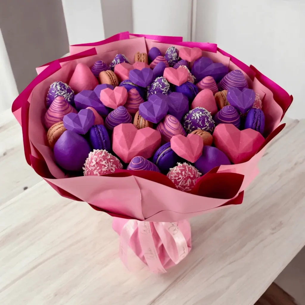 Purple Sweets bouquet offering a mix of lavender macarons and chocolate-dipped strawberries