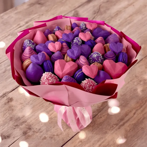 Purple Sweets bouquet designed for special occasions with chocolate strawberries and macarons