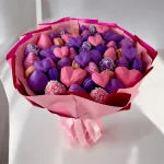 Delicate Purple Sweets bouquet with custom heart-shaped chocolates and macarons